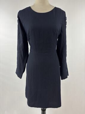 Club Monaco Edni Dress Navy Blue 12 Scallop Detail Sheer Sides Long Sleeves